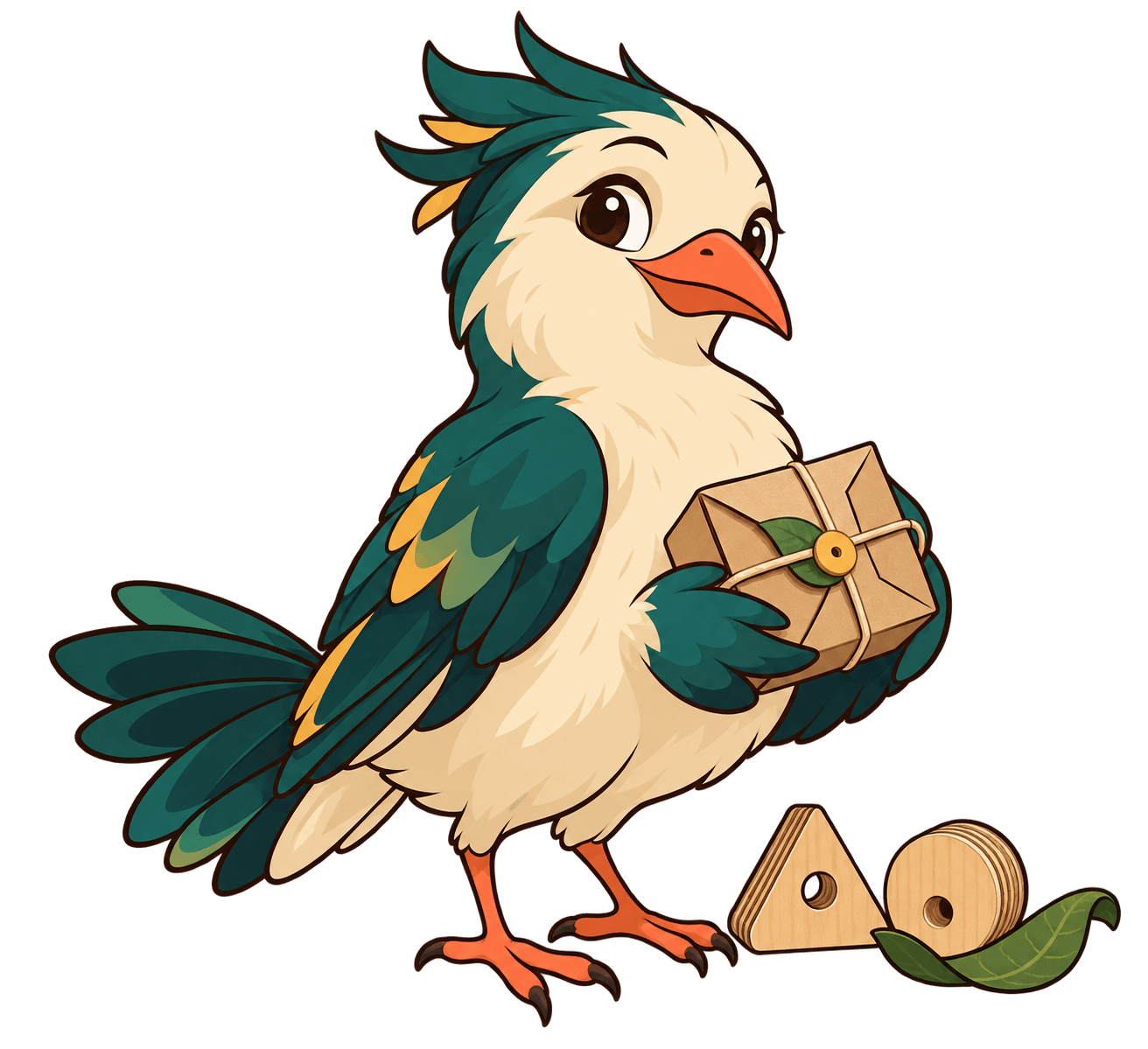 Reka, resaikel's bowerbird mascot, holding a package made from reclaimed material